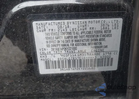 2019 Nissan Sentra Sl z USA, uszkodzony, nr VIN 3N1AB7AP2KY221680